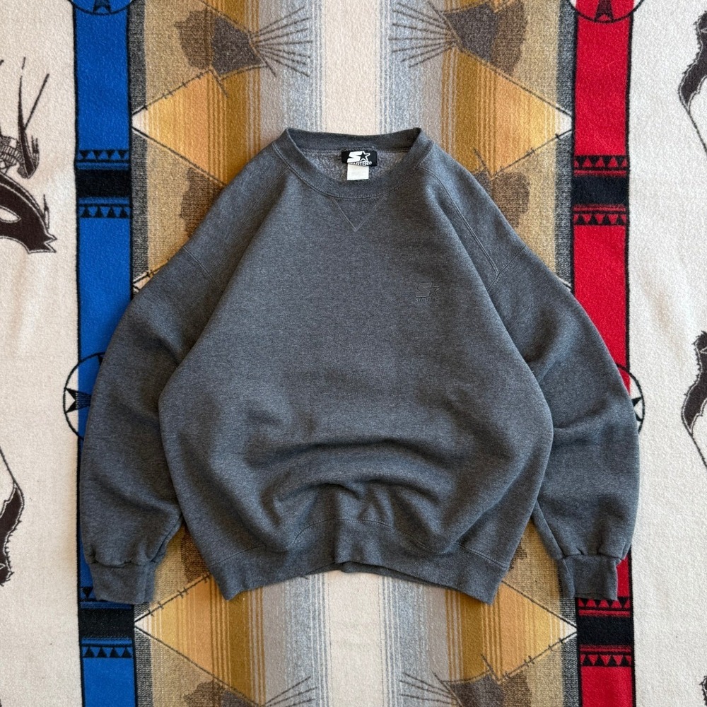 Vintage Starter Crewneck Sweatshirt Charcoal Grey Logo Fleece Pullover Medium